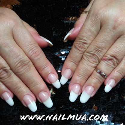 Pink and White Overlay over natural nails.
